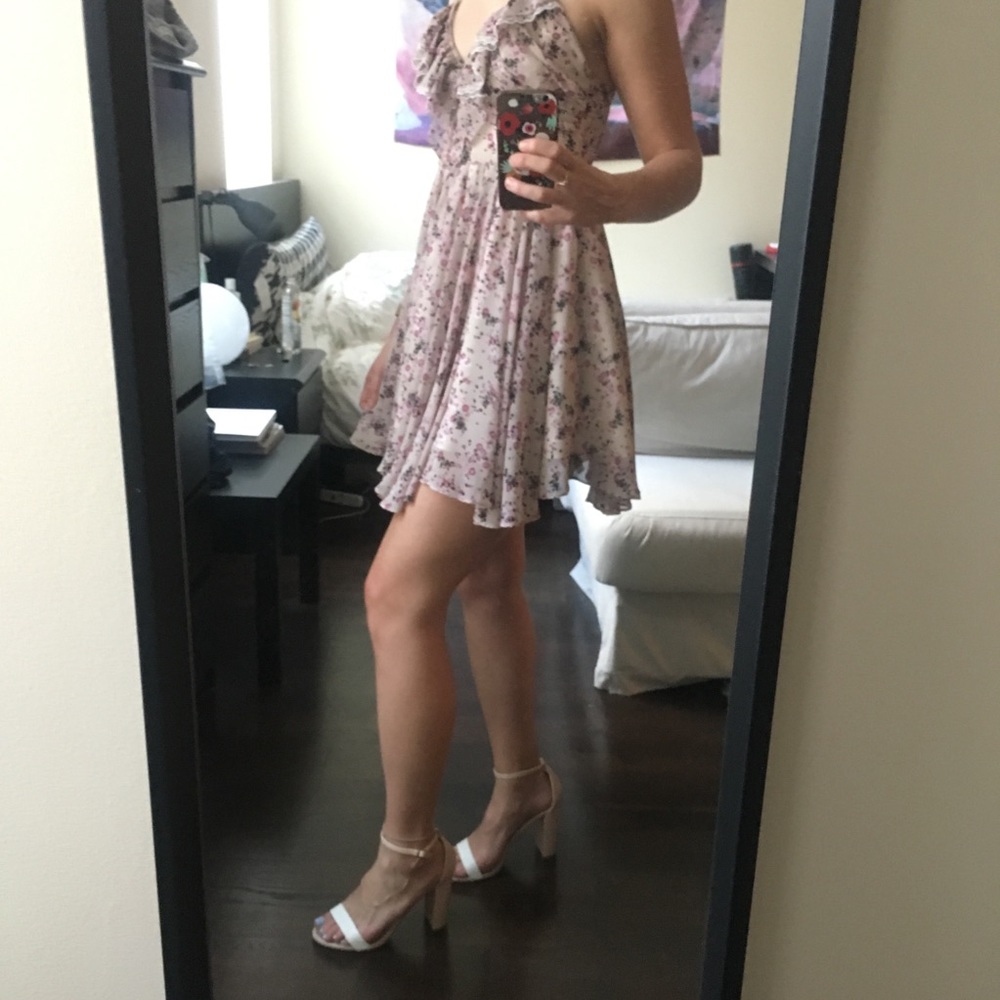 Guess Floral Print Ruffle Criss Cross Back Dress